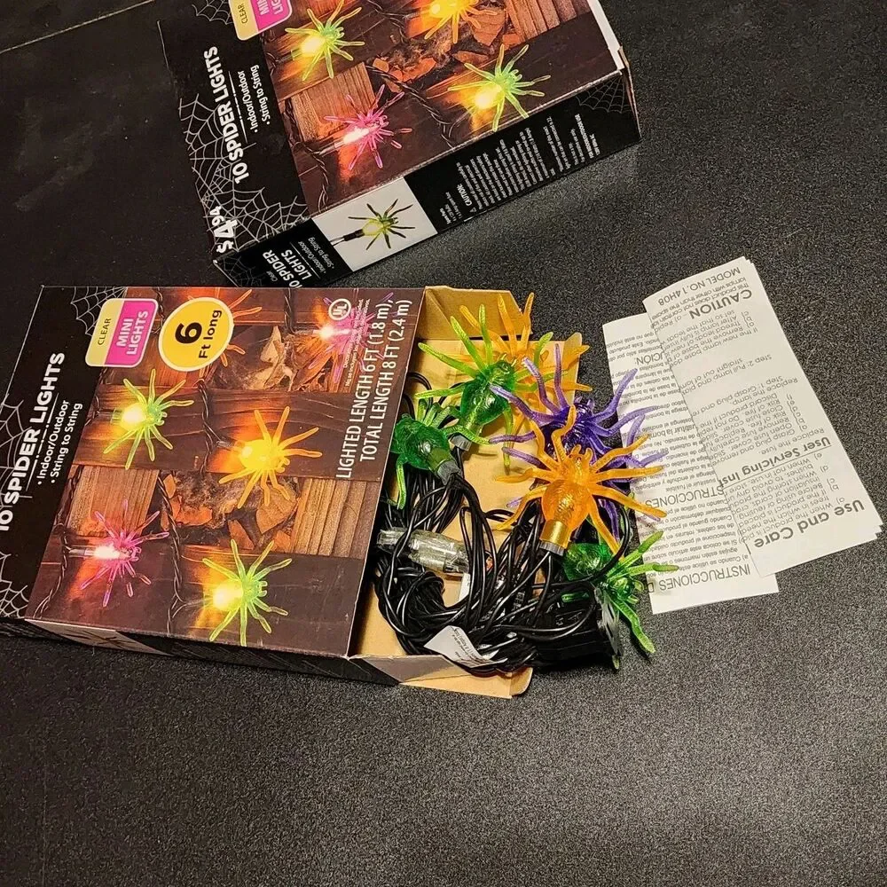 Lot Two NIB 6' Strands Of 10 Each Spider Lights Halloween Witchy Dorm Goth